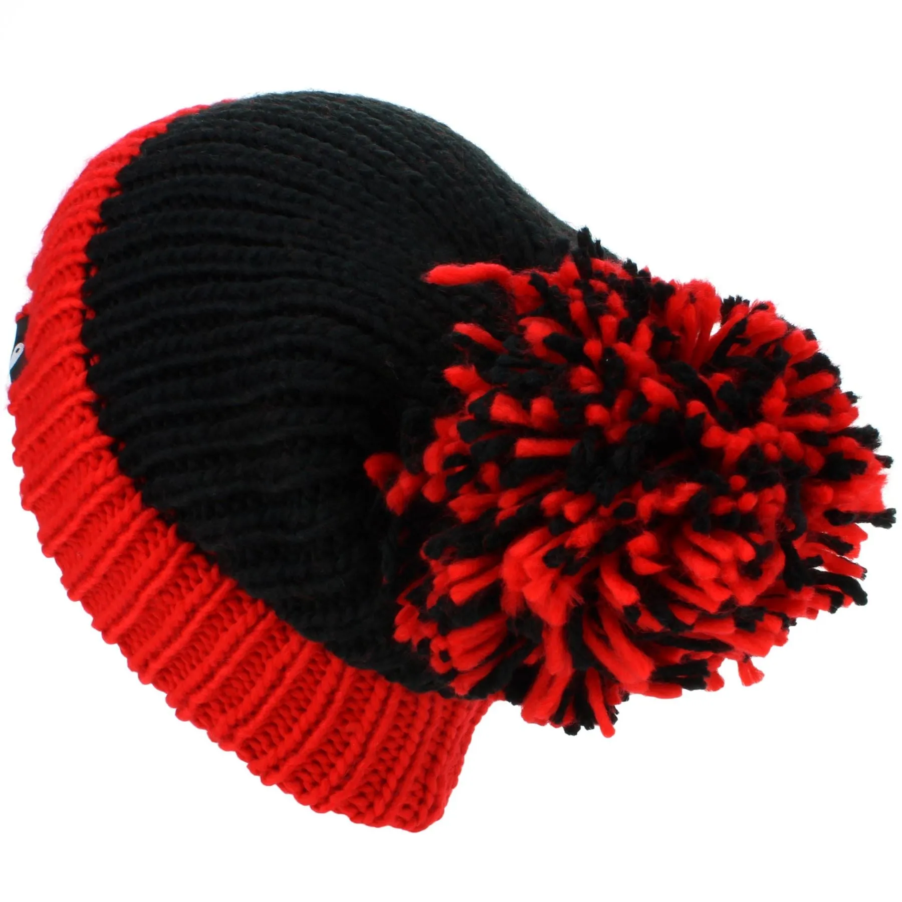 Chunky Acrylic Knit Beanie Hat with a MASSIVE Bobble - Red & Black