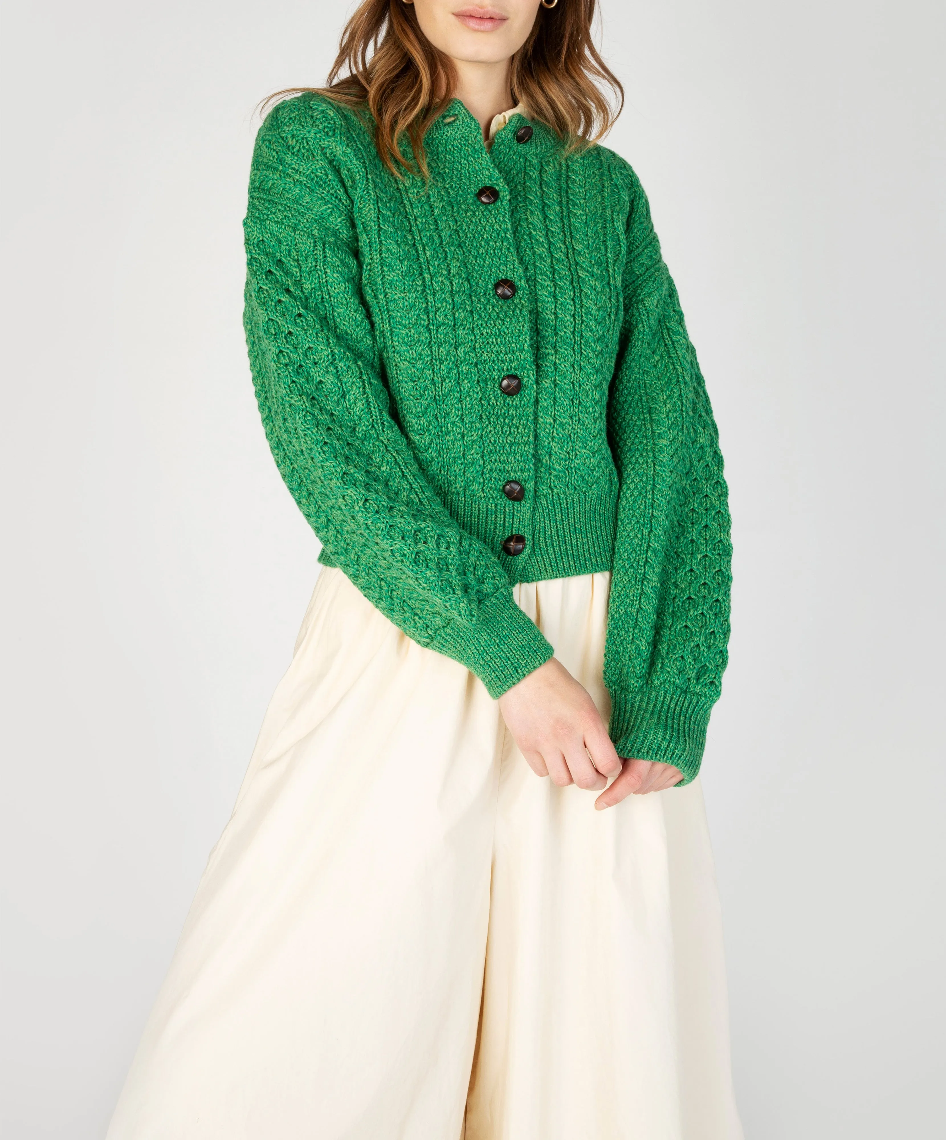 Clover Cropped Aran Cardigan Green Marl