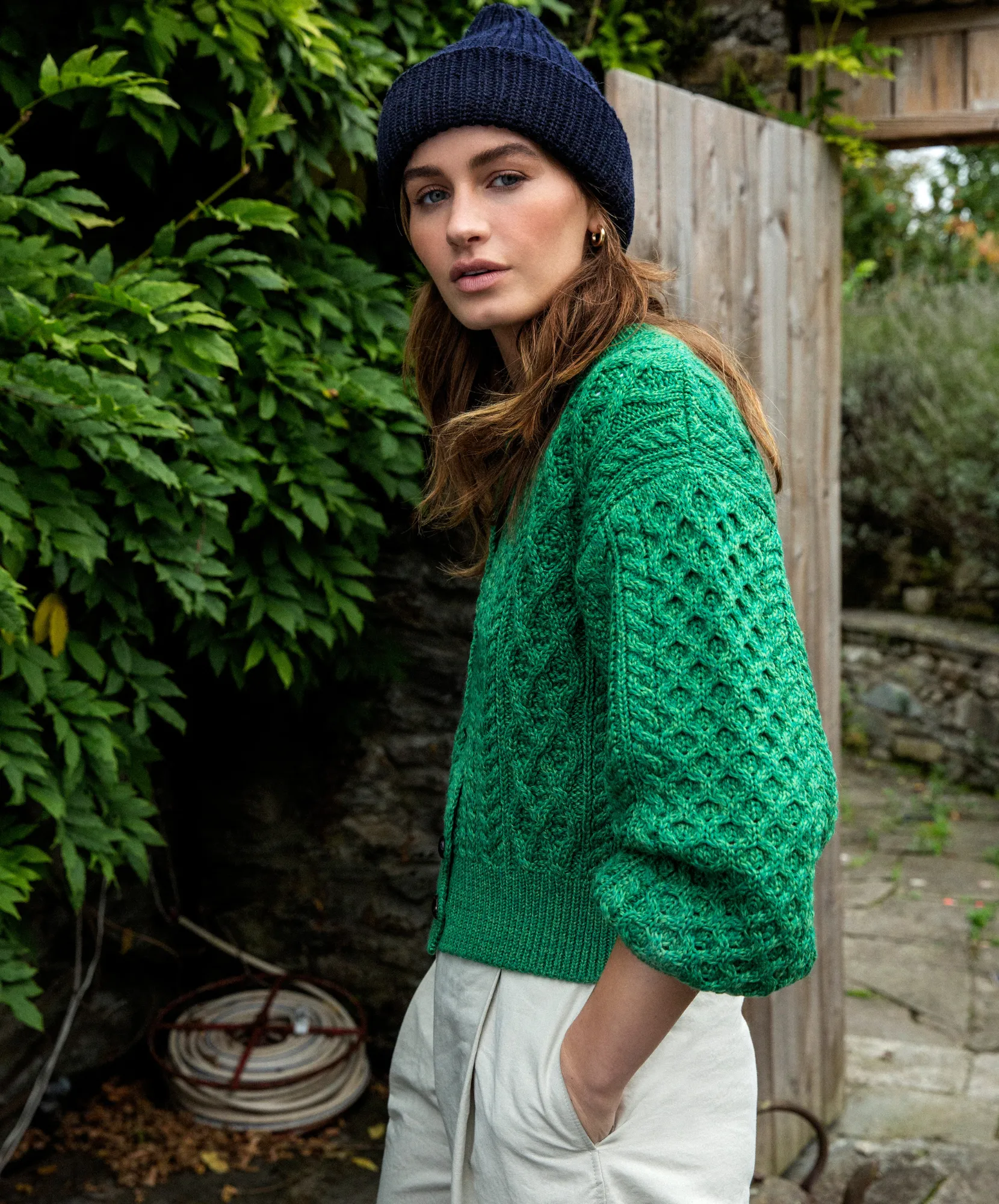 Clover Cropped Aran Cardigan Green Marl