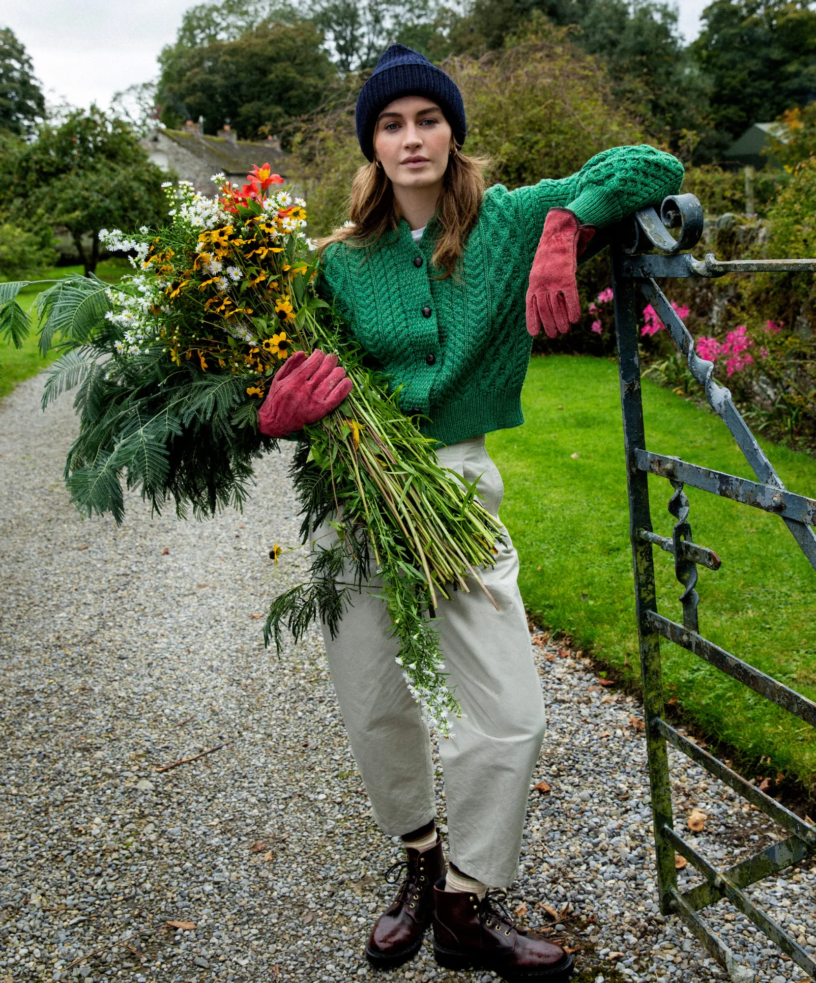 Clover Cropped Aran Cardigan Green Marl