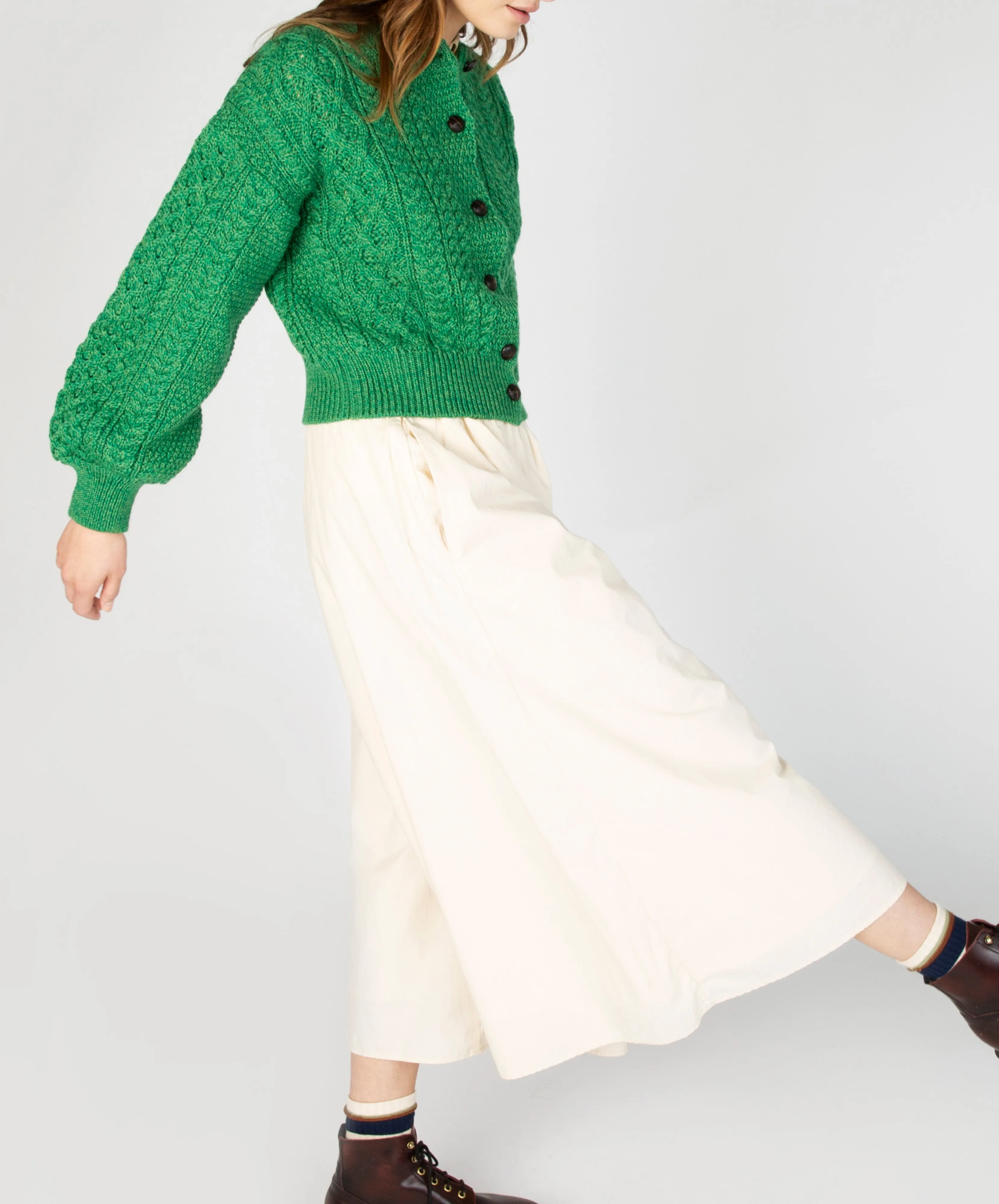 Clover Cropped Aran Cardigan Green Marl