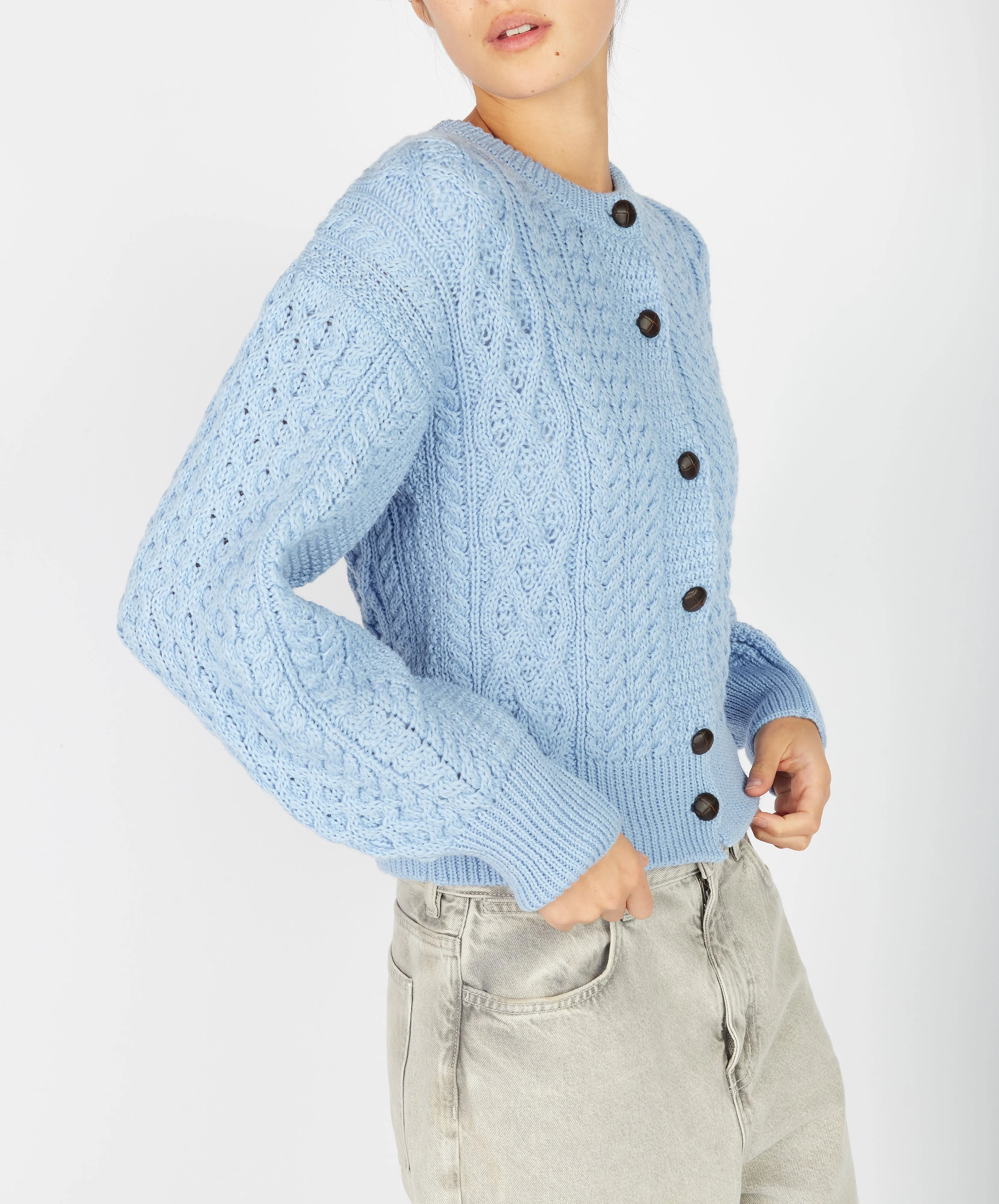 Clover Cropped Aran Cardigan Morning Sky