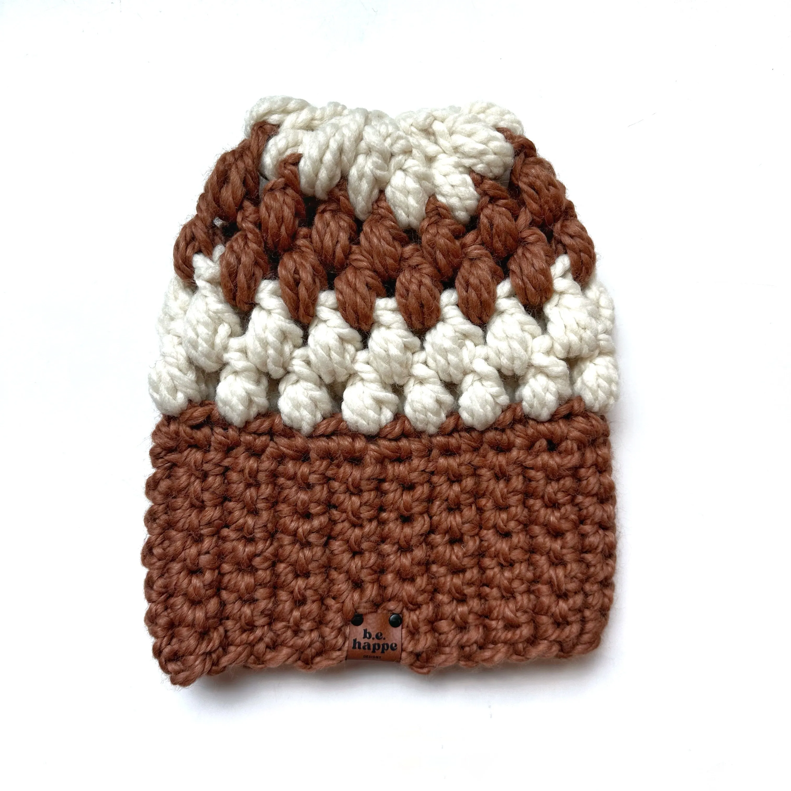 Crochet Puff Stitch Slouch Hat | Brown   Cream