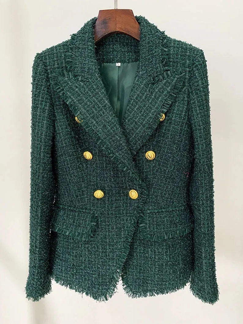 Dark Green Tweed Blazer for Ladies With Golden Button Fitted Blazer