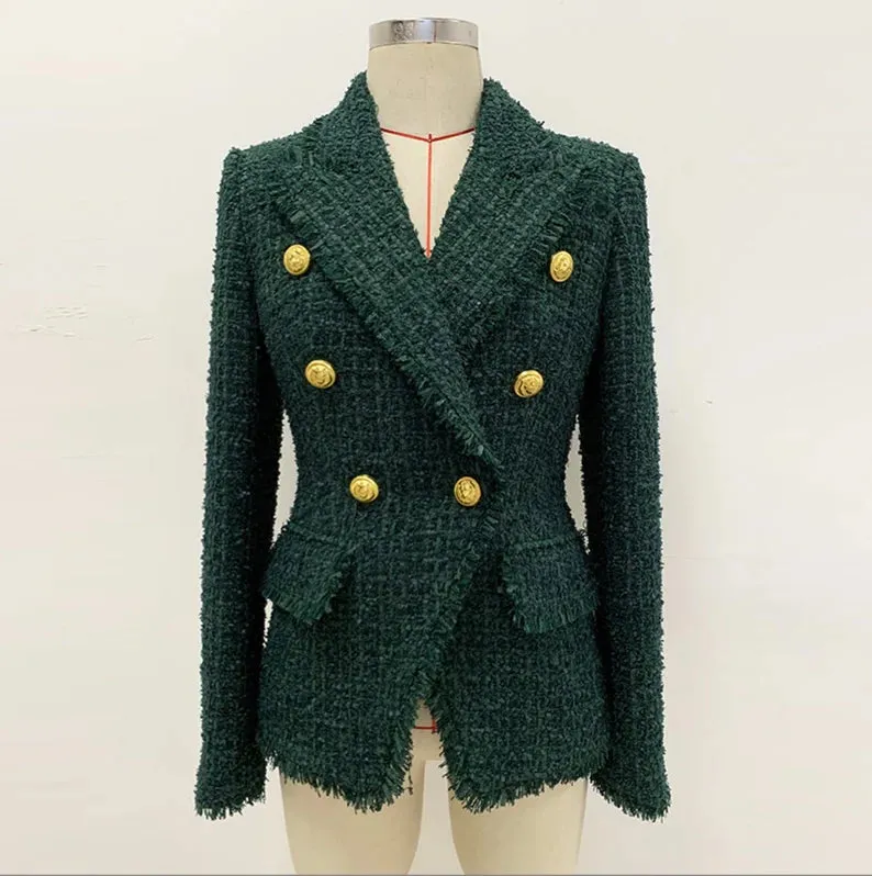 Dark Green Tweed Blazer for Ladies With Golden Button Fitted Blazer