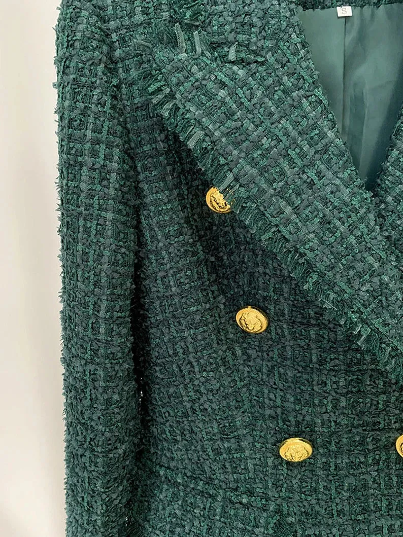 Dark Green Tweed Blazer for Ladies With Golden Button Fitted Blazer