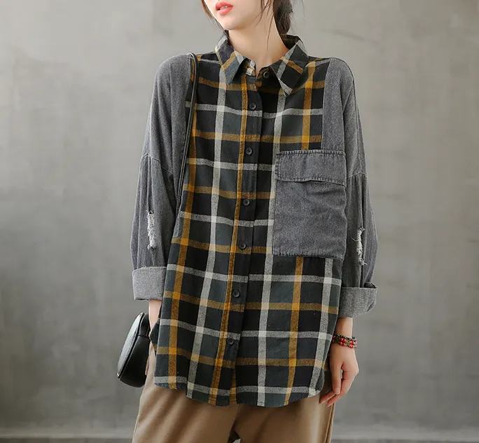 Denim Plaid Autumn Women Casual Blouse Cotton Shirts Tops DZA200853