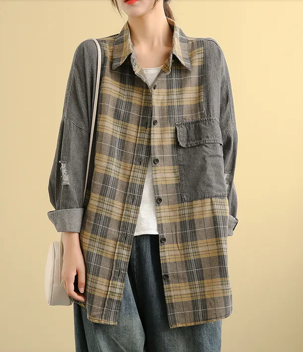 Denim Plaid Autumn Women Casual Blouse Cotton Shirts Tops DZA200853