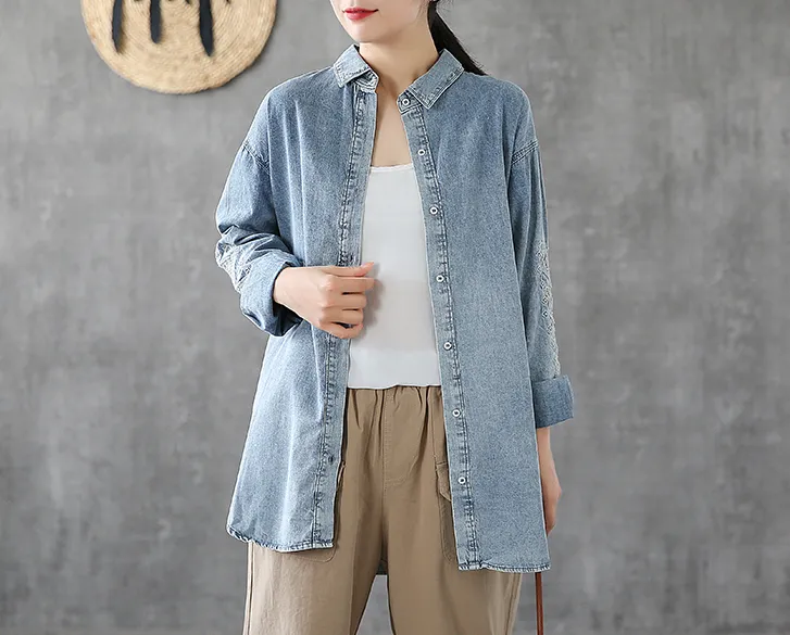 Denim Women Casual Blouse Cotton Linen Shirts Tops DZA200862