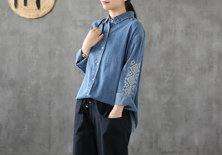 Denim Women Casual Blouse Cotton Linen Shirts Tops DZA200862