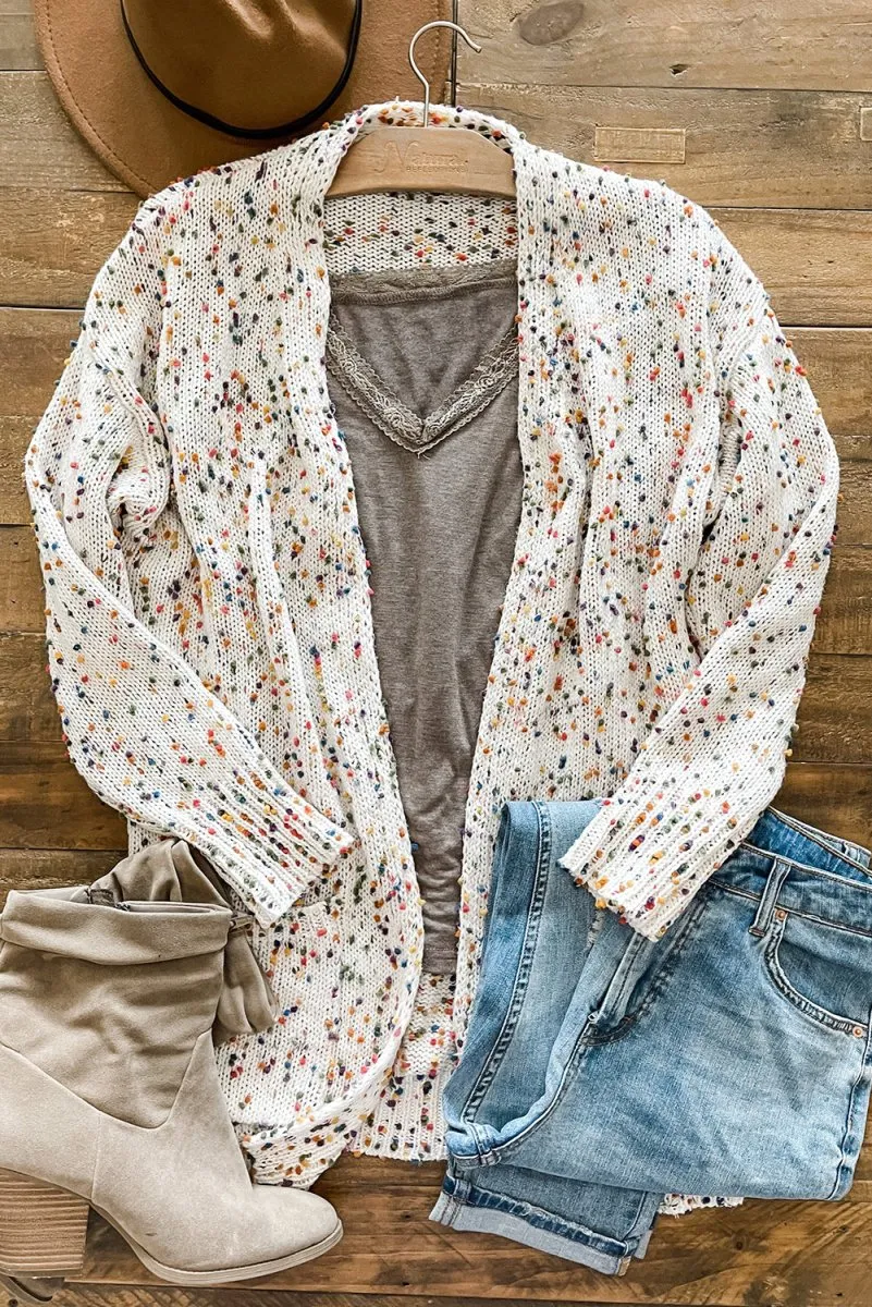 Dotted Multicolor Cream Knit Long Sleeve Cardigan