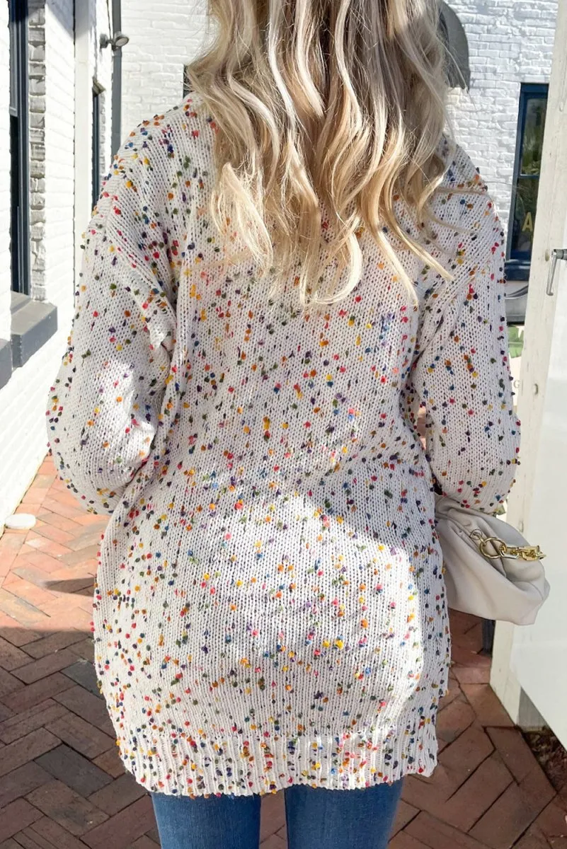 Dotted Multicolor Cream Knit Long Sleeve Cardigan