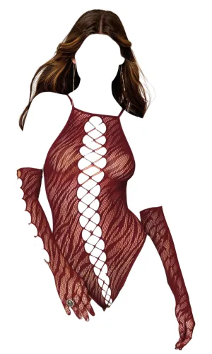 Dreamgirl Animal Print Fishnet High-Neck Teddy & Gloves Set Burgundy One Size