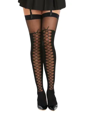 Dreamgirl Sheer Thigh-High Stockings With Knitted Lace-Up Boot Detail Black One Size