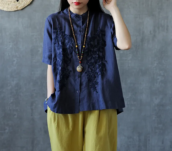 Embroidery Sleeve Summer Women Casual Blouse Cotton Linen Shirts  Women Tops DZA2005311