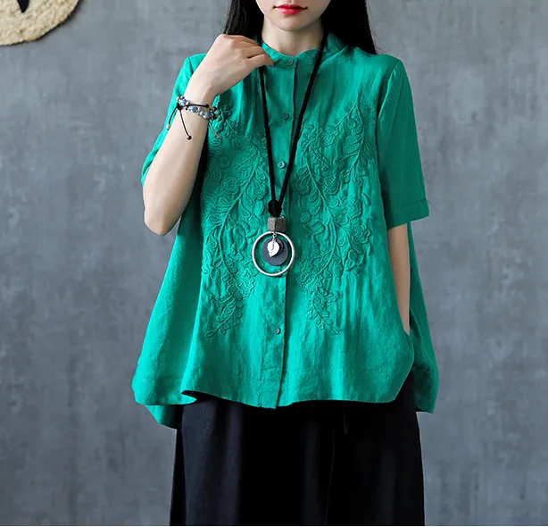 Embroidery Sleeve Summer Women Casual Blouse Cotton Linen Shirts  Women Tops DZA2005311