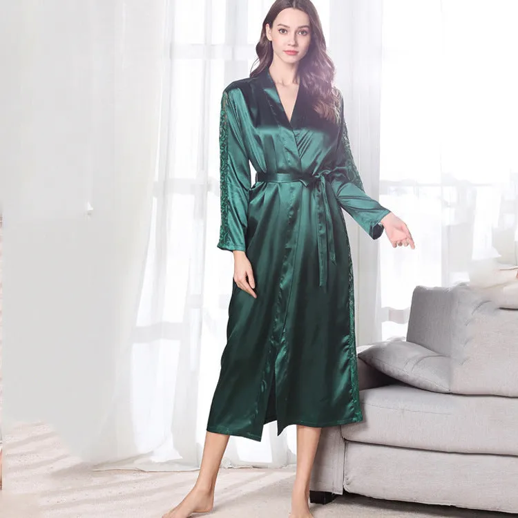 Fashion Ladies Pajamas Imitation Silk Nightgown Lace Sexy Long Nightgown Bathrobe