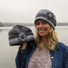 Fleece Fashion Toque with adjustable cuff, two tone grey with floral pin