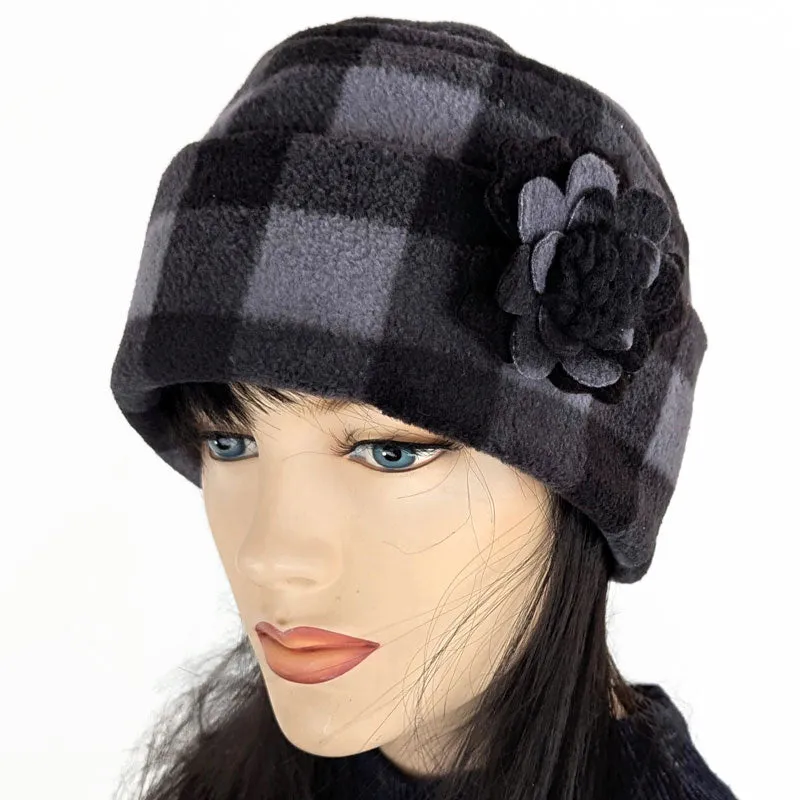 Fleece Fashion Toque with adjustable cuff, with floral pin trim, asst'd colors