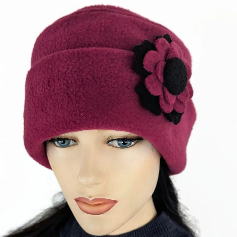 Fleece Fashion Toque with adjustable cuff, with floral pin trim, asst'd colors