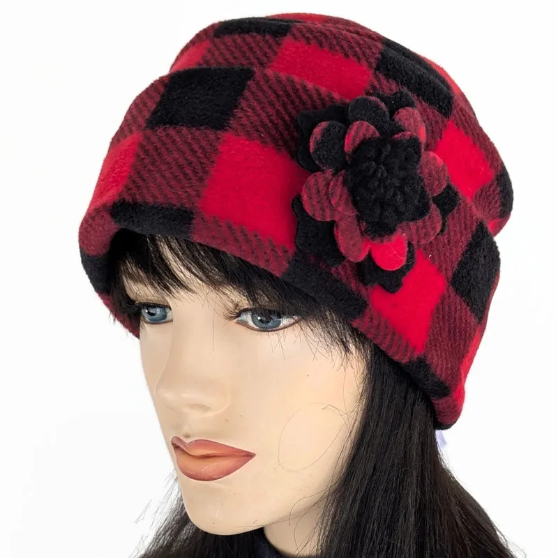 Fleece Fashion Toque with adjustable cuff, with floral pin trim, asst'd colors