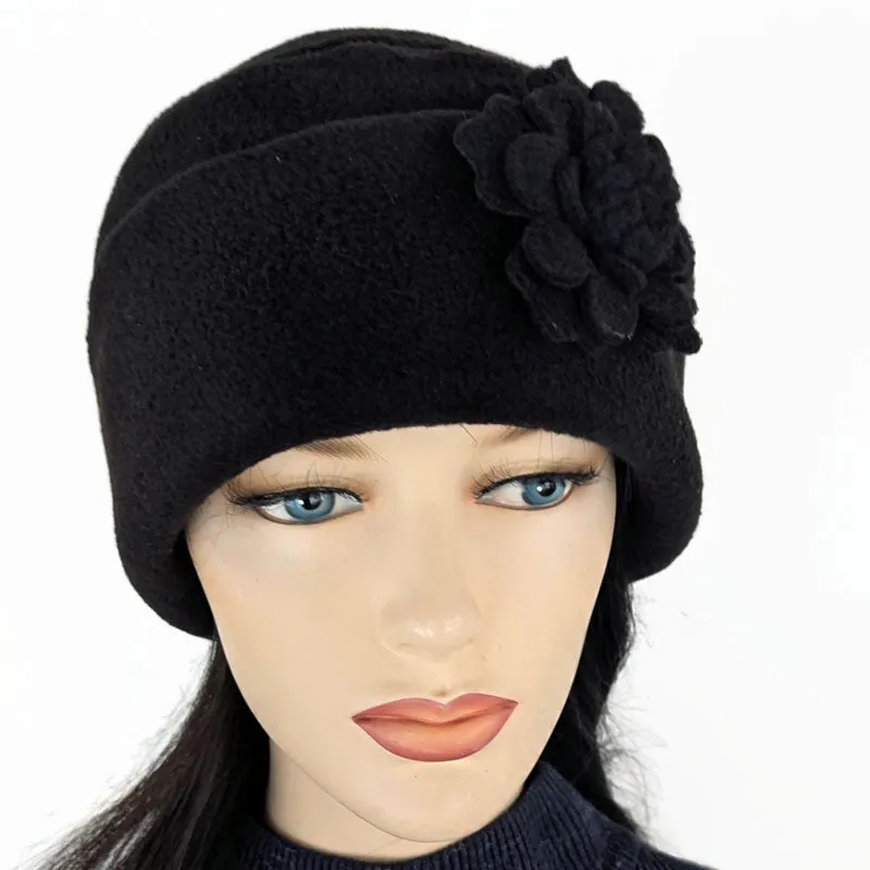 Fleece Fashion Toque with adjustable cuff, with floral pin trim, asst'd colors