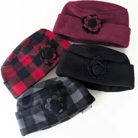 Fleece Fashion Toque with adjustable cuff, with floral pin trim, asst'd colors