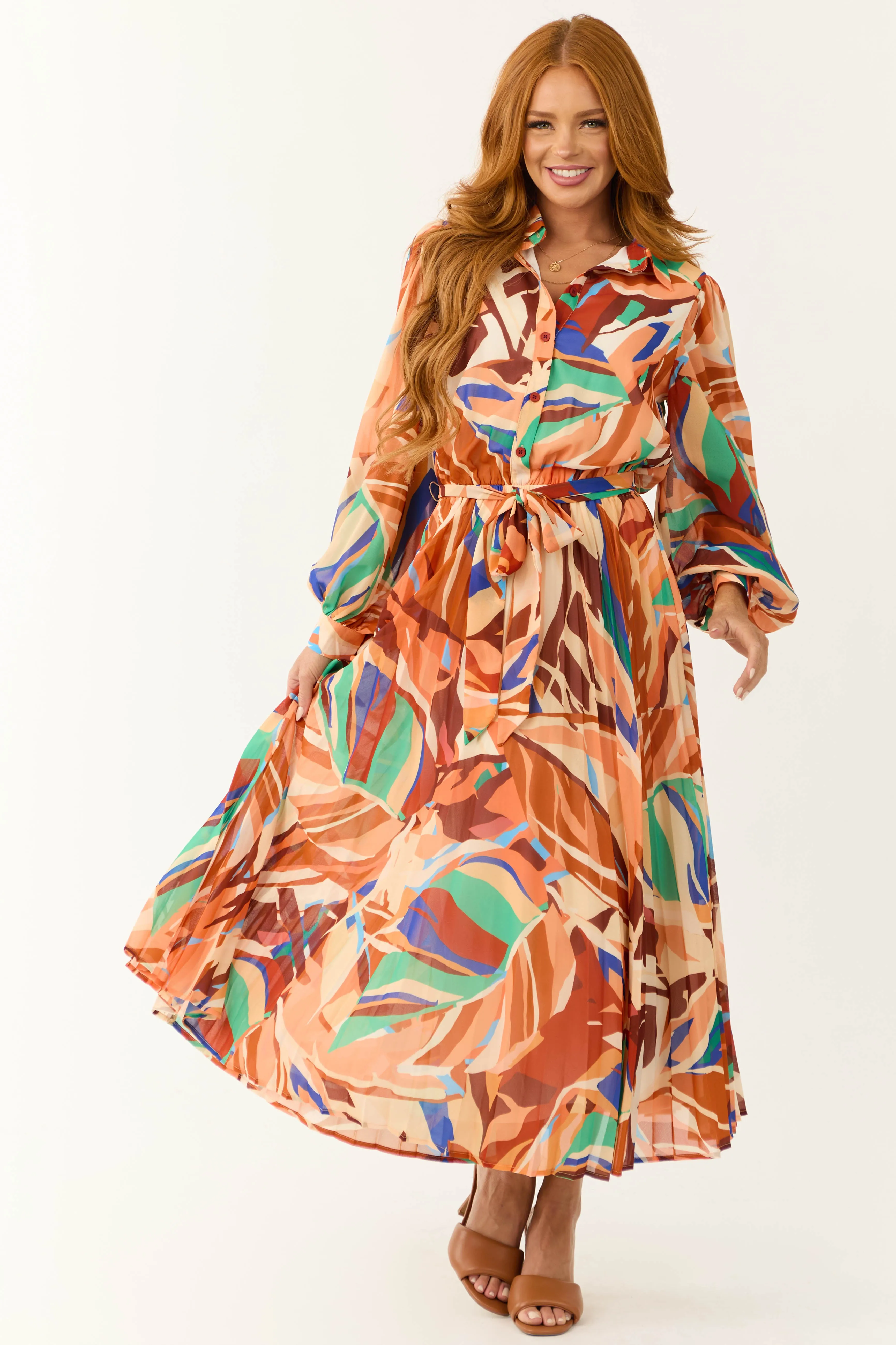 Flying Tomato Cream and Melon Abstract Print Midi Dress