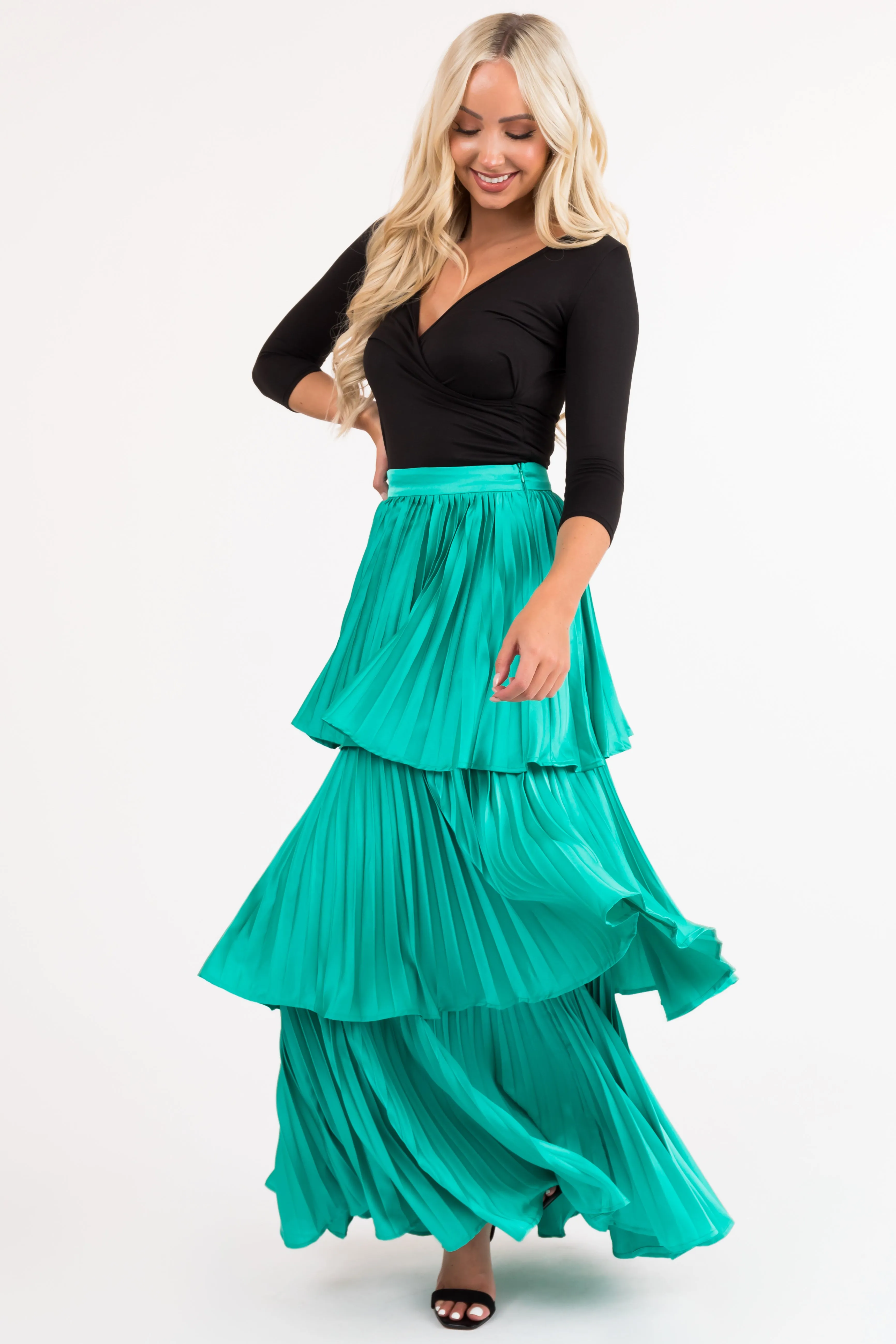 Flying Tomato Teal Pleated Ruffle Layered Maxi Skirt