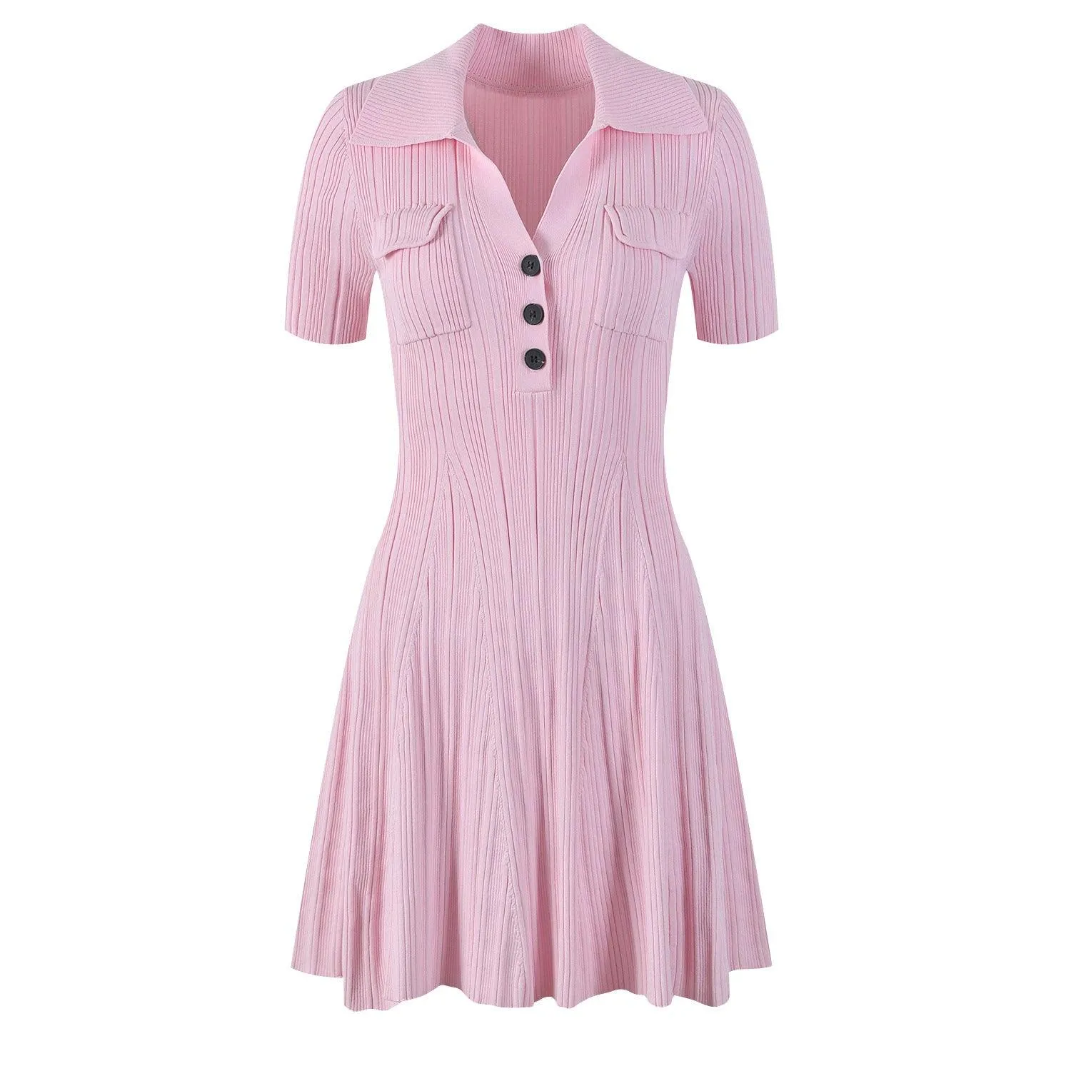 French Retro Solid Color Polo Collar Waist Slimming And Short A- Line Skirt