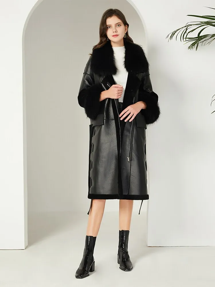 FS20106 Sheep Shearing Fur Overcoat Sheep Fur Coat Fur Collar Trim Leather with Fur Women Winter Ladies Furry Cuffs Fur Story