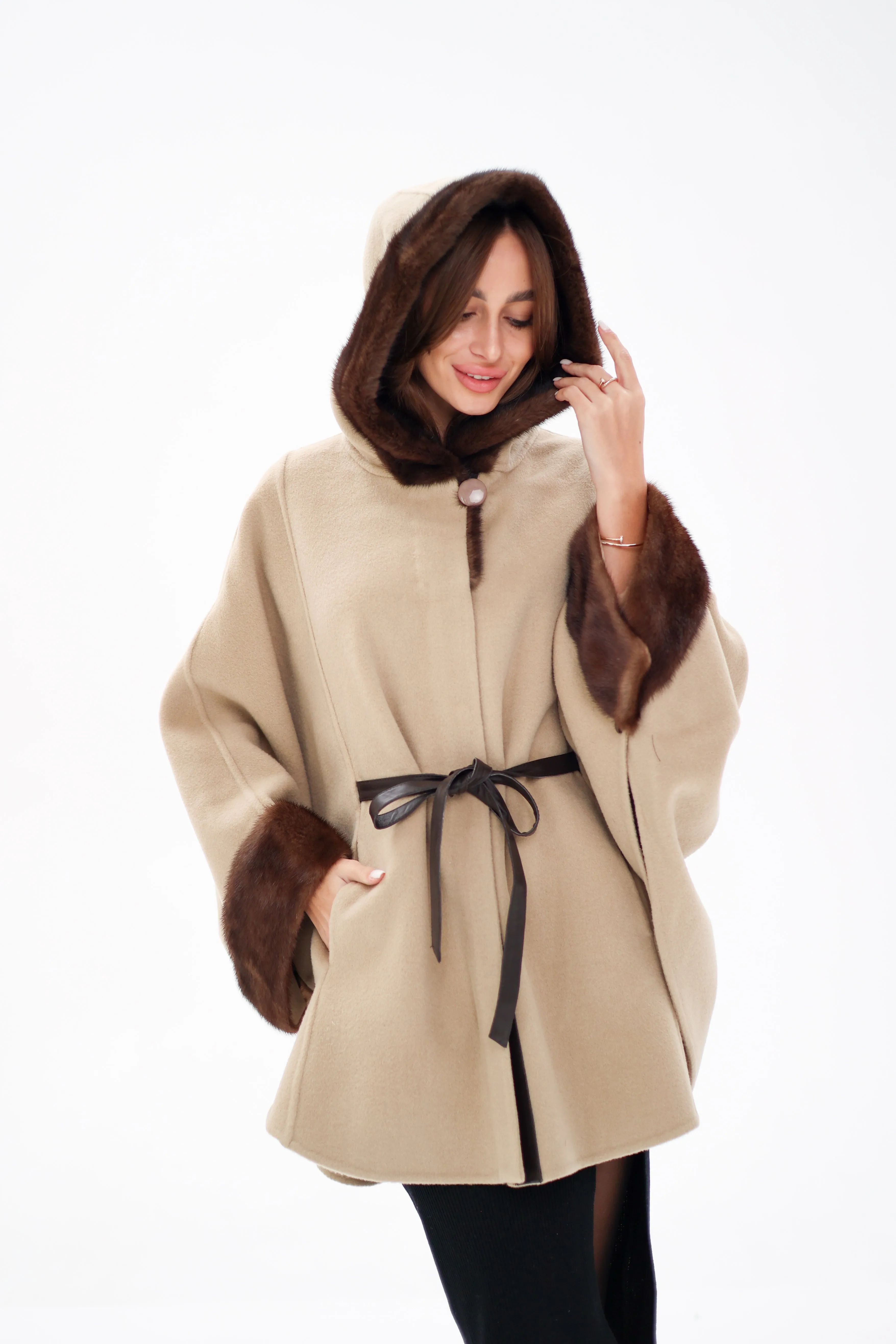 Genuine Mink Fur Double Face Wool Hooded Poncho