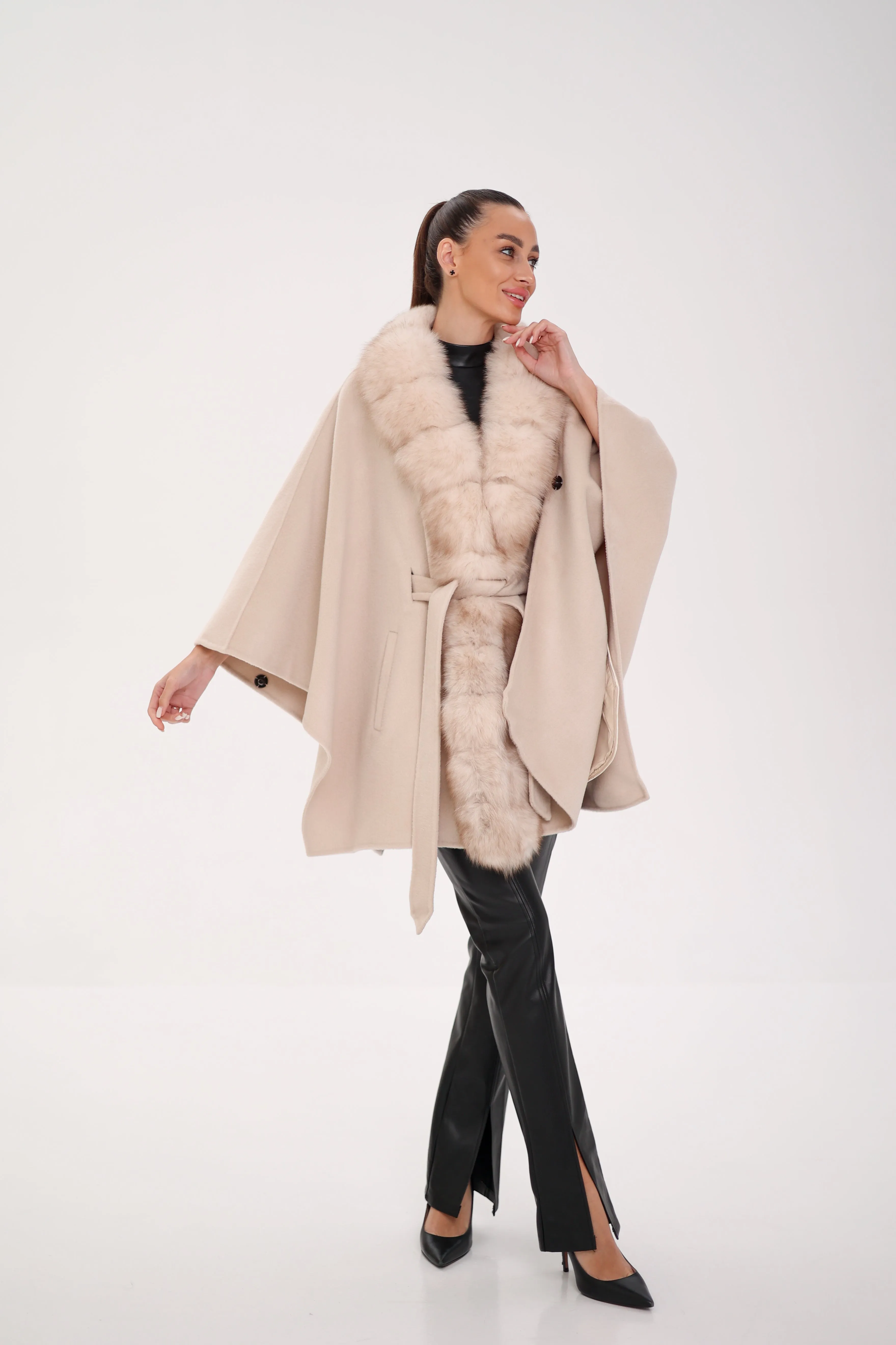 Genuine Polar Fox Double Face Wool Poncho Coat