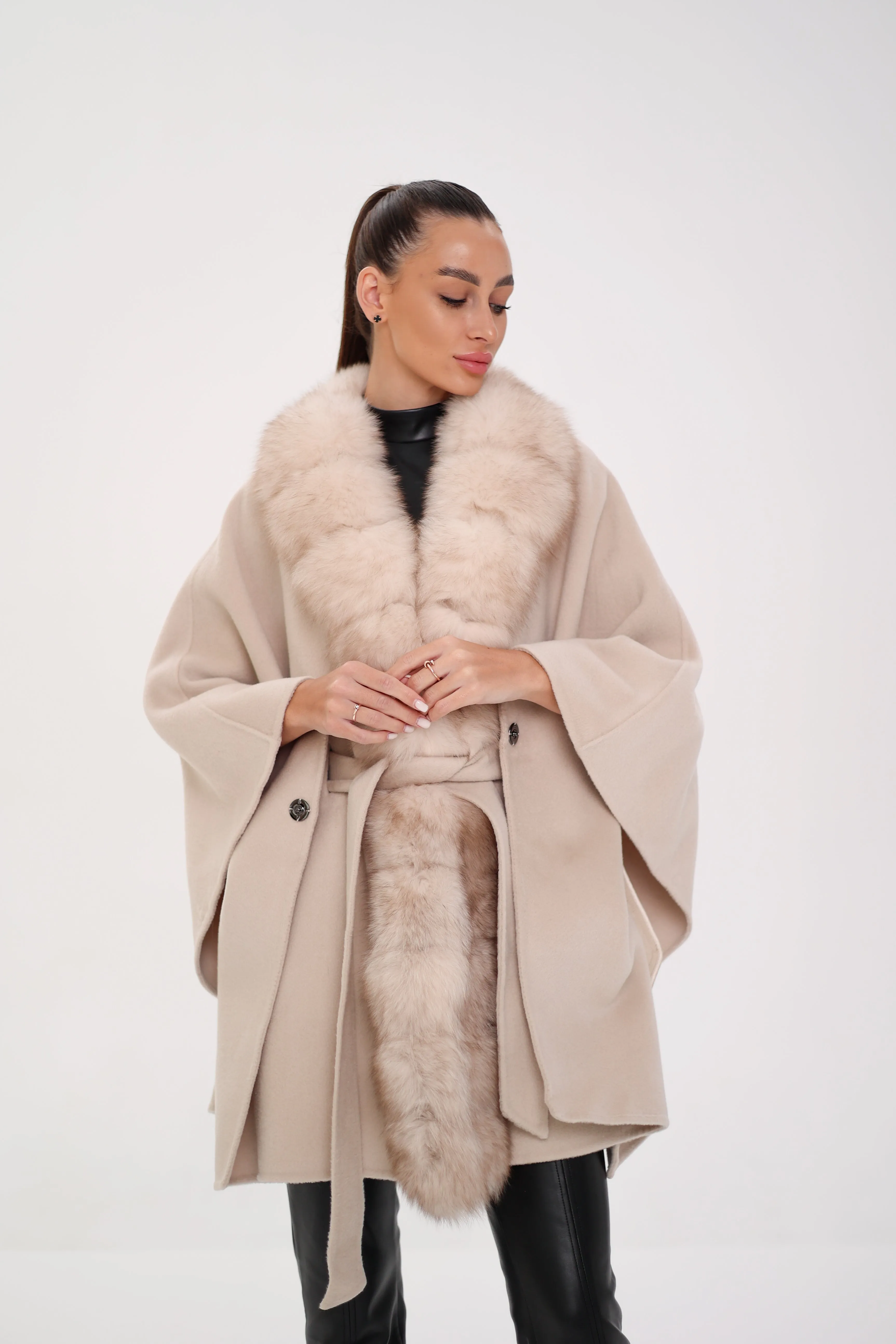 Genuine Polar Fox Double Face Wool Poncho Coat