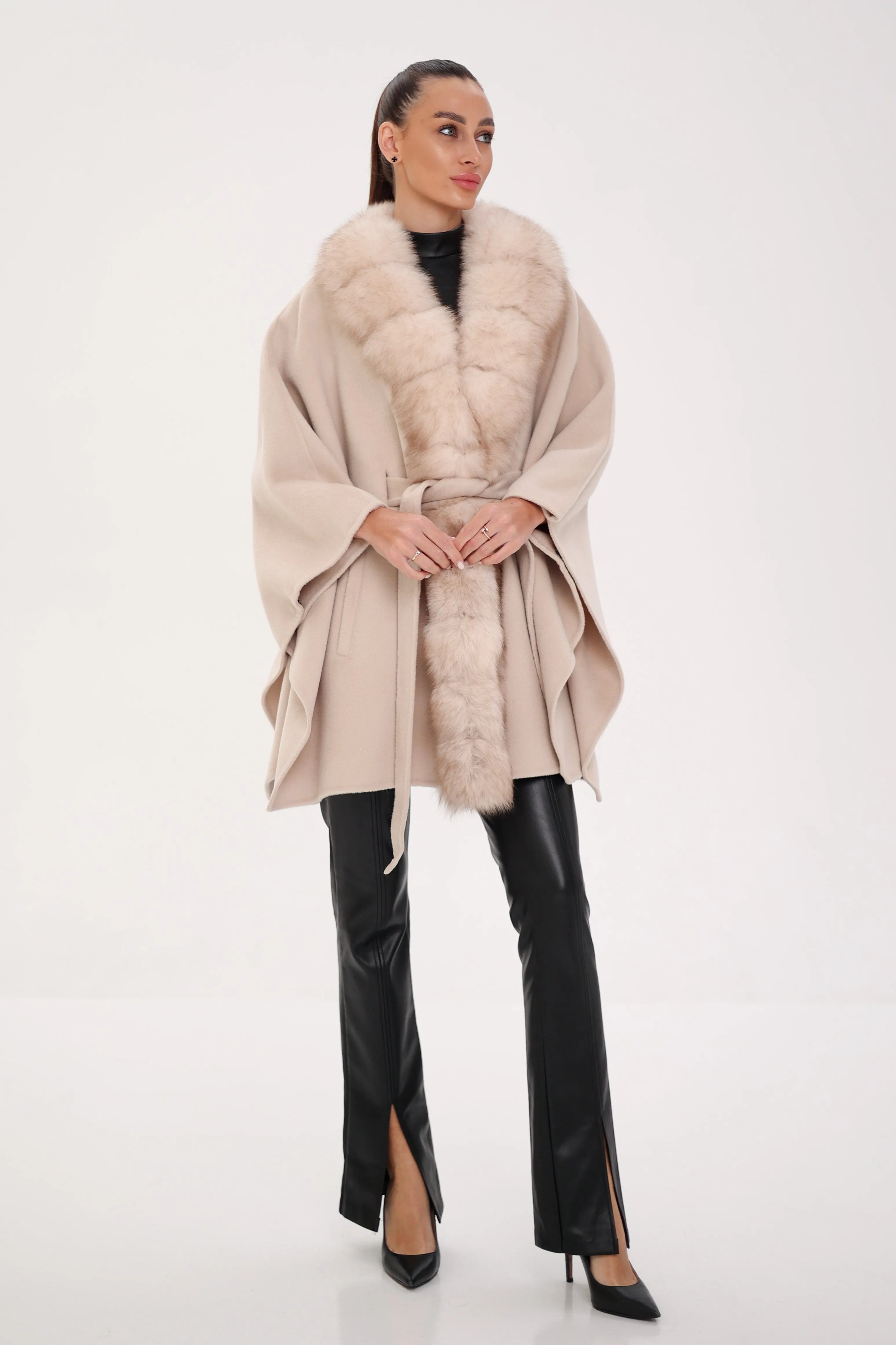 Genuine Polar Fox Double Face Wool Poncho Coat