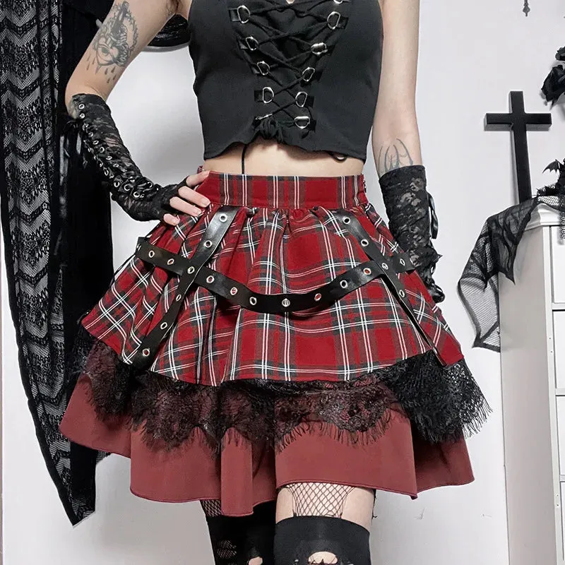 Gothic Young Girls Kawaii Outfit Y2k Harajuku Plaid Sweet Pleated Lace Skirt