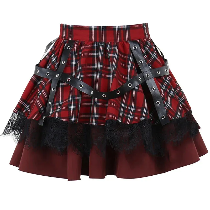 Gothic Young Girls Kawaii Outfit Y2k Harajuku Plaid Sweet Pleated Lace Skirt