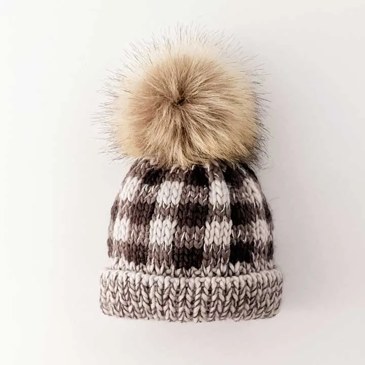 Grey Buffalo Check Pom Pom Beanie Hat