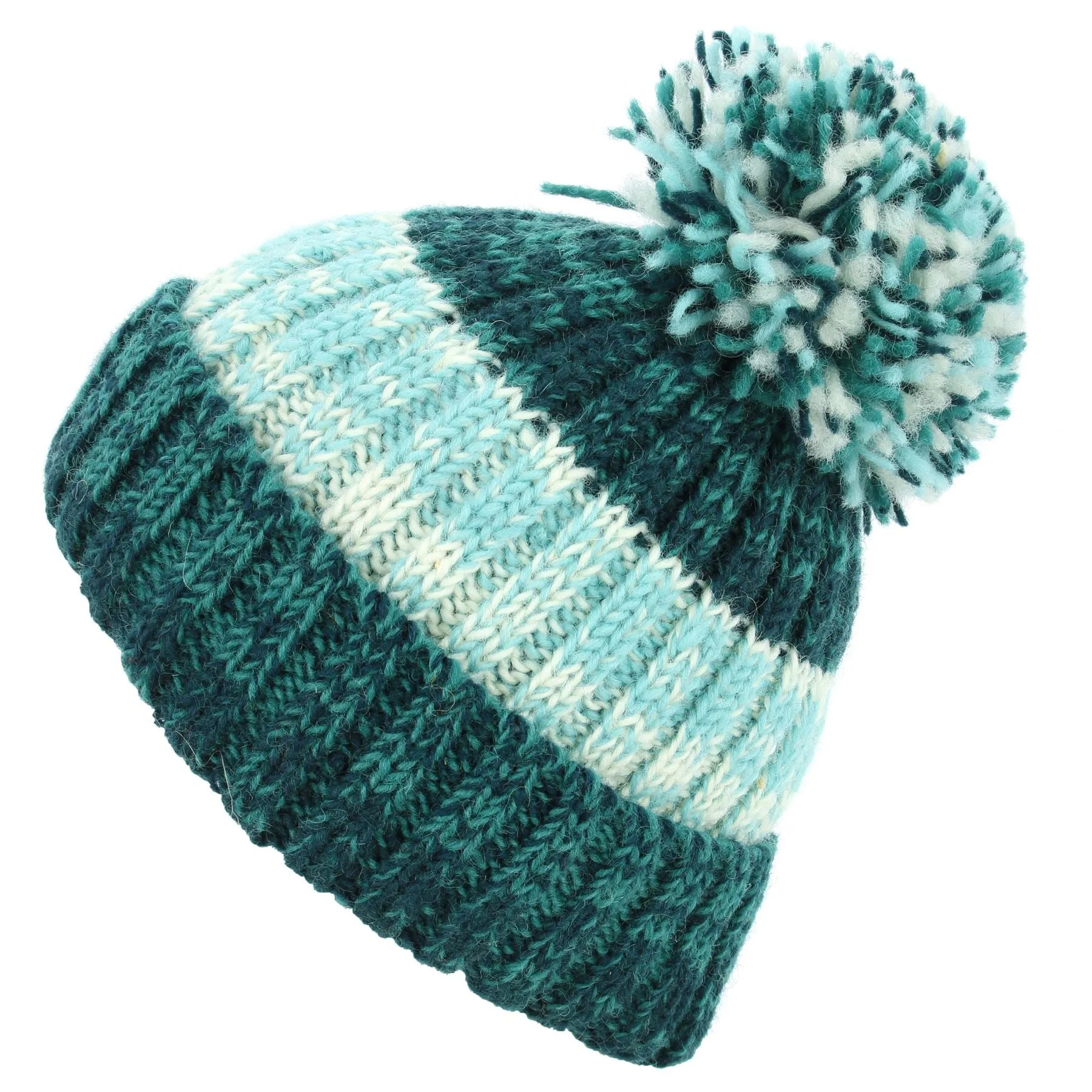 Hand Knitted Wool Beanie Bobble Hat - SD Teal