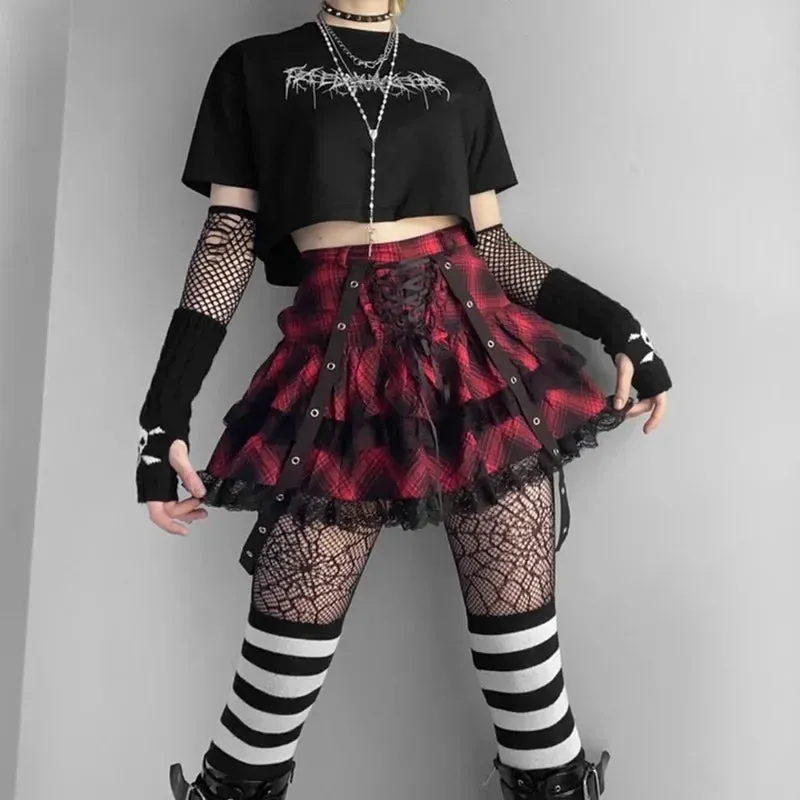 Harajuku Waist Japanese Plaided Mini Lolita Gothic Fashion Plaid High Streetwear Girl Sets Skirt