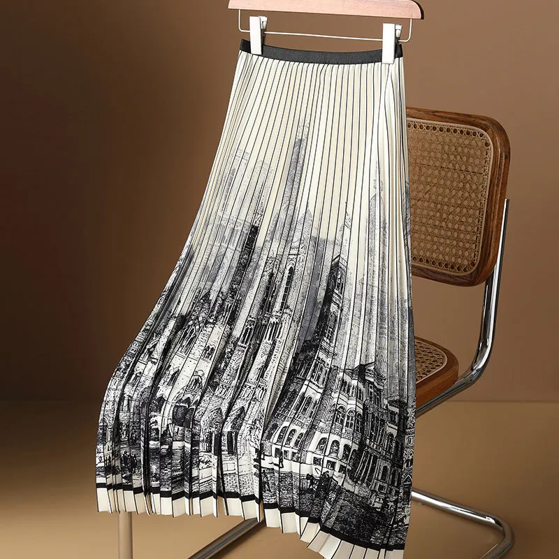 Heavy Industry Black White Printed Pleated Skirt Women Summer Thin Hepburn High Waist A line Umbrella Skirt