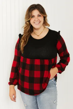 Heimish Full Size Plaid Ruffle Shoulder Babydoll Top