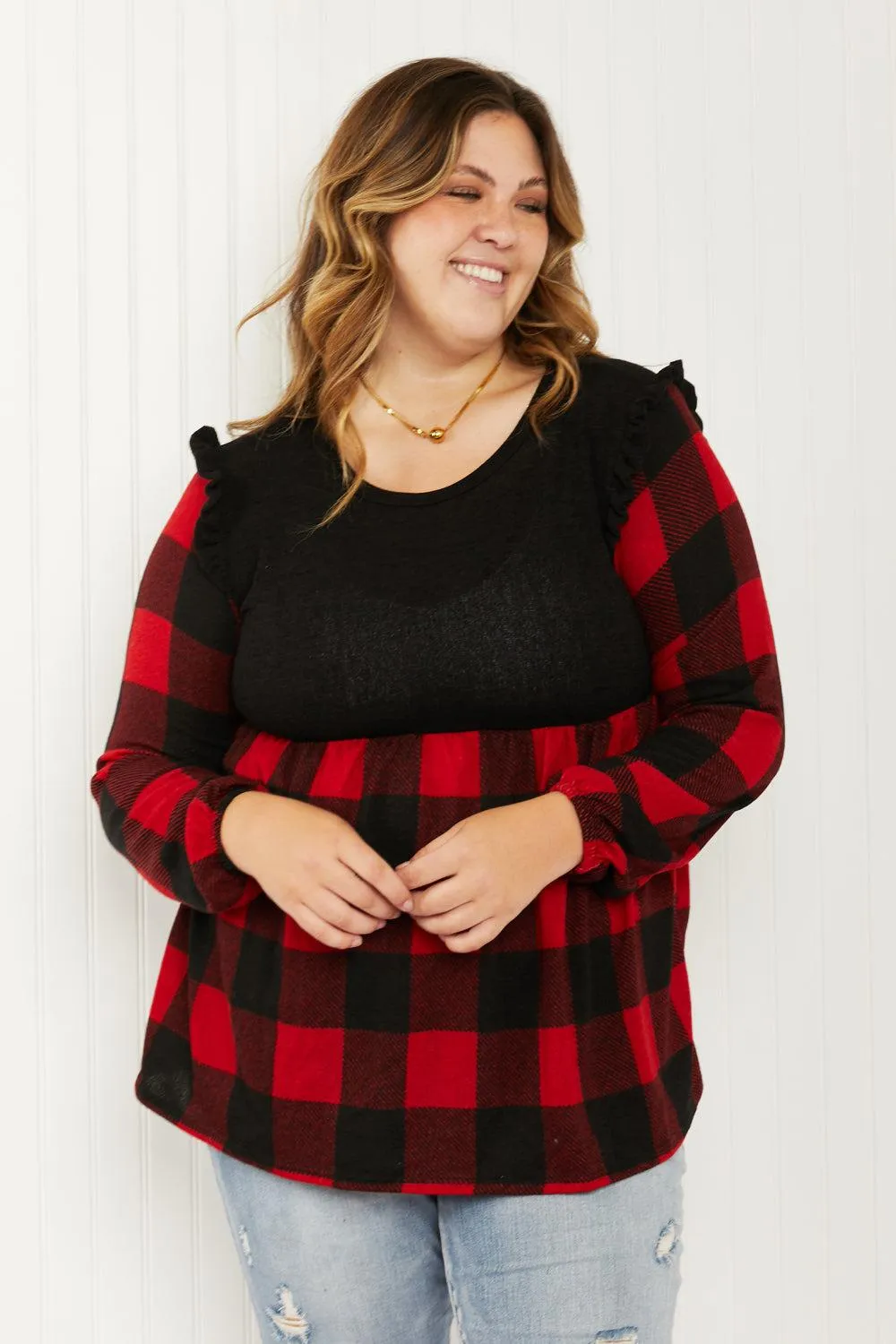 Heimish Full Size Plaid Ruffle Shoulder Babydoll Top