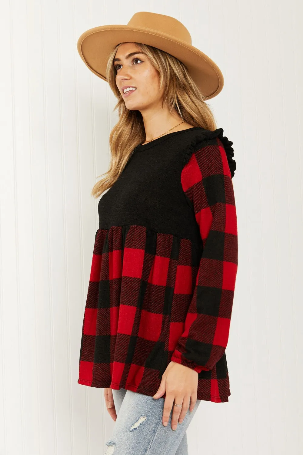 Heimish Full Size Plaid Ruffle Shoulder Babydoll Top