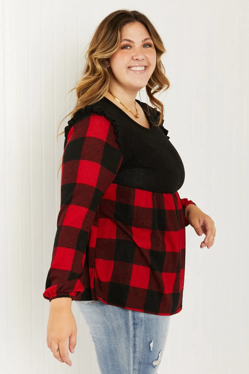 Heimish Full Size Plaid Ruffle Shoulder Babydoll Top