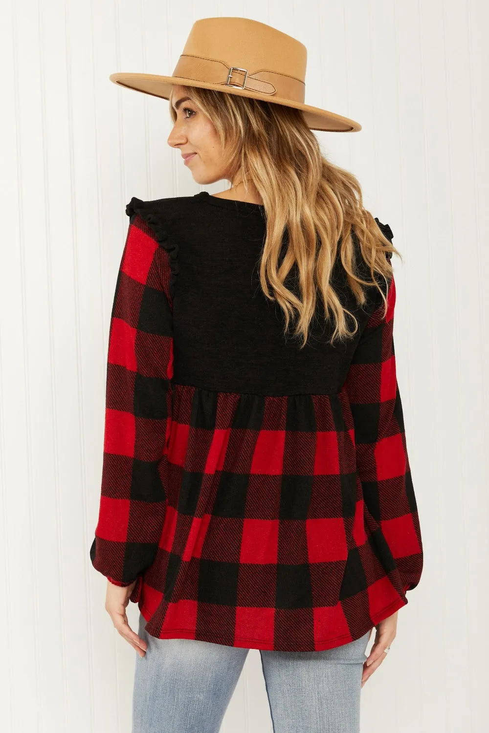 Heimish Full Size Plaid Ruffle Shoulder Babydoll Top