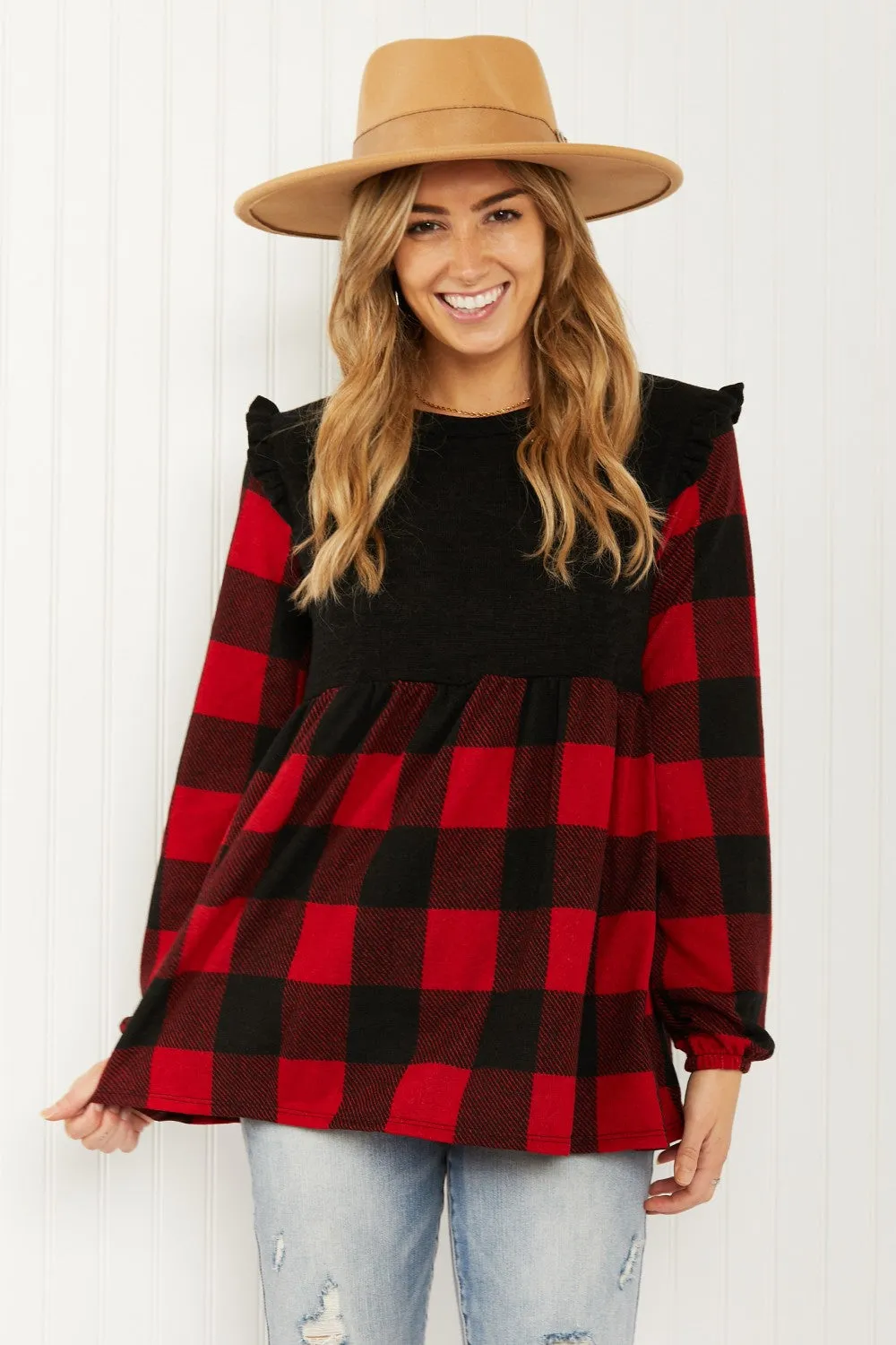 Heimish Full Size Plaid Ruffle Shoulder Babydoll Top