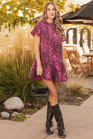 Hot Pink Leopard Print Drop Waist Denim Short Dress