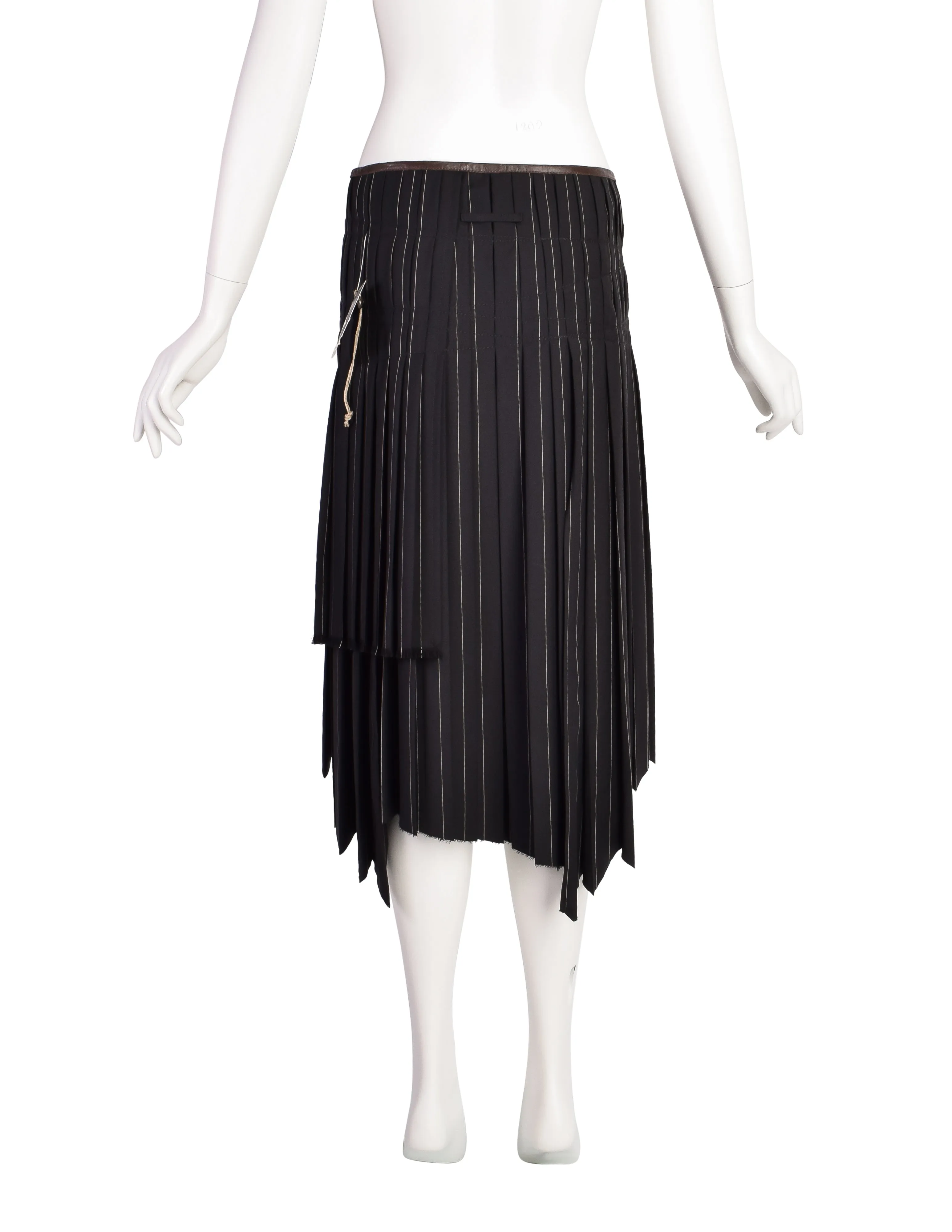 Jean Paul Gaultier Vintage Black Pinstripe Leather Buckle Wool Pleated Wrap Skirt