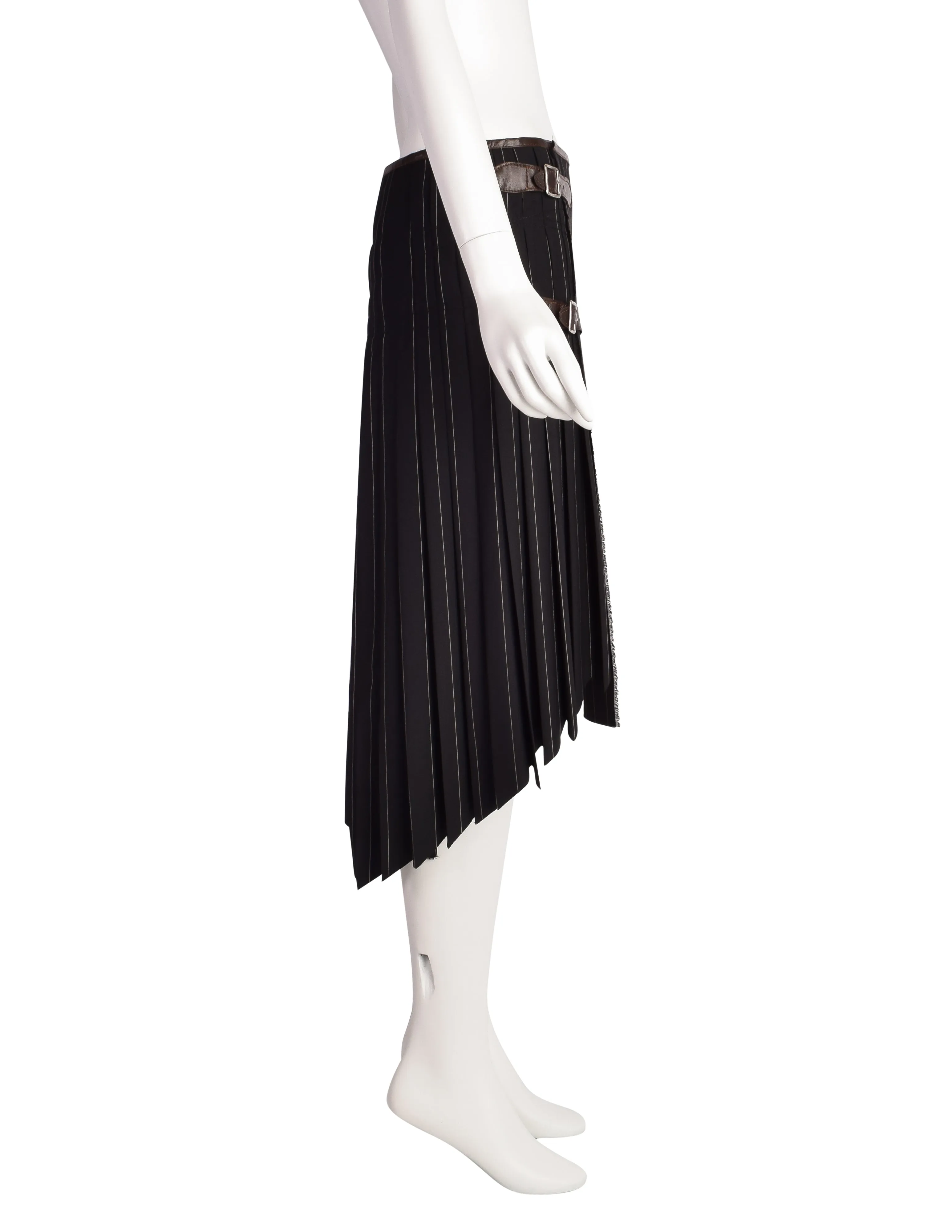 Jean Paul Gaultier Vintage Black Pinstripe Leather Buckle Wool Pleated Wrap Skirt